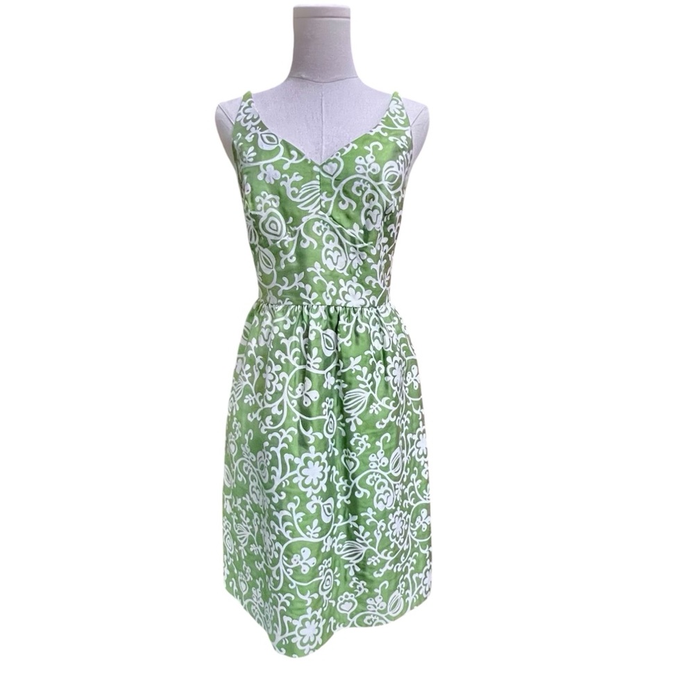 Ann Taylor Silk Cotton Empire Waist Retro Dress Spaghetti Straps Green White 4